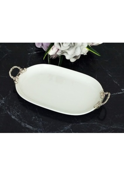 Caş Dekorasyon Kulplu Oval Porselen Sunum Tabağı Servis Tabağı SUNUMLUK-33X21 cm