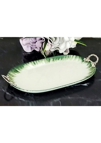 Kulplu Oval Porselen Sunum Tabağı Servis Tabağı SUNUMLUK-37X24 cm