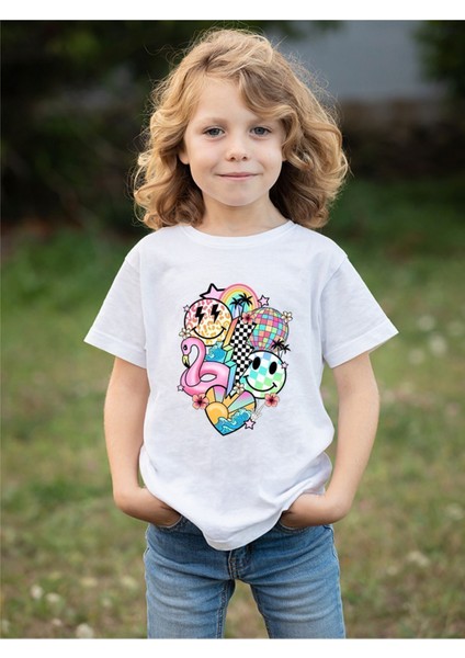 Smile Kalp Baskılı Kız Çocuk Pamuklu Bisiklet Yaka Basic Tshirt