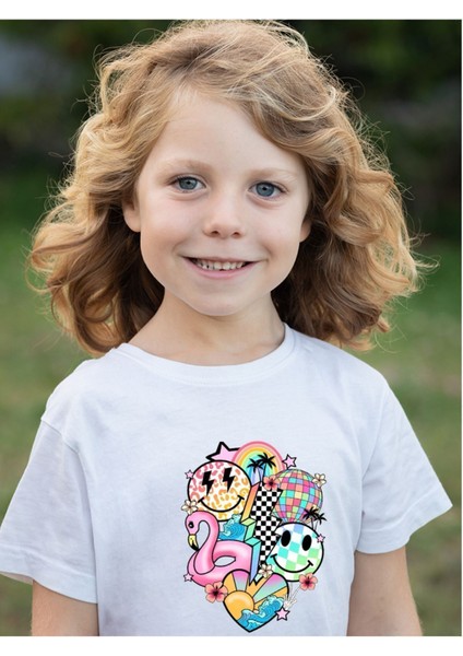 Smile Kalp Baskılı Kız Çocuk Pamuklu Bisiklet Yaka Basic Tshirt