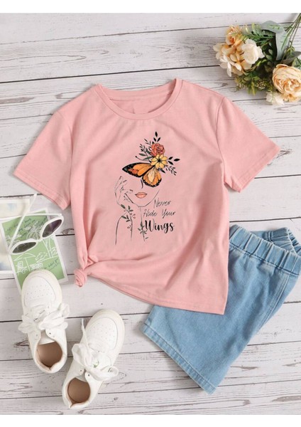 Newer Hide Your Wings Kelebek Baskılı Kız Çocuk Pamuklu Bisiklet Yaka Basic Tshirt