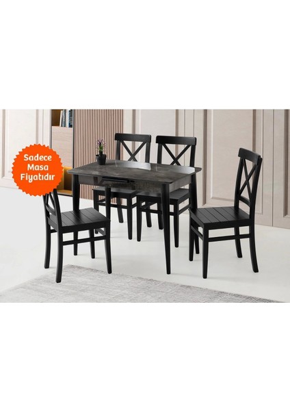 Ortadan Açılır Büyüyen Parlak Ahşap Yemek Masası Siyah Mermer Desenli 80x130cm Sadece Masa