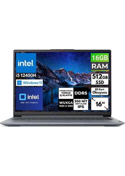 Ideapad Slim3 16IAH8 I5- 12450H 16 GB 512 GB SSD 16" Wuxga Windows 11 Pro Taşınabilir Bilgisayar 83ES002HTR Bt8
