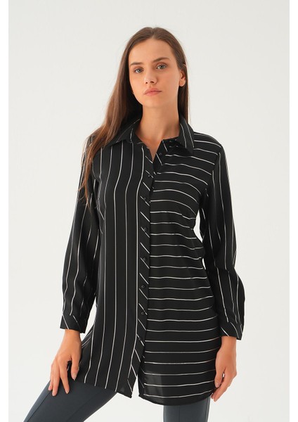 4232A Çizgi Detay Salaş Tunik Siyah