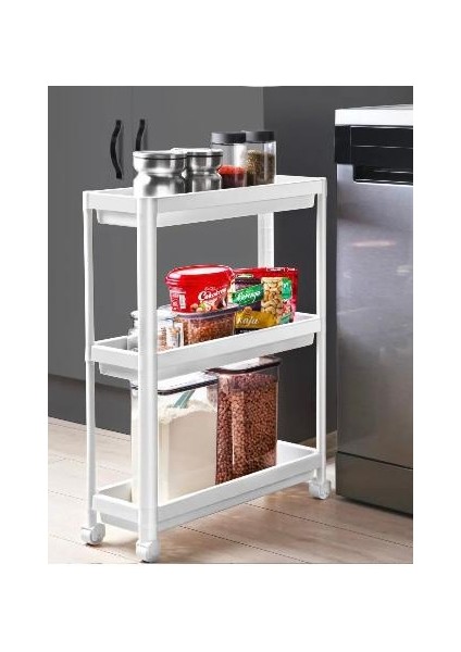 Vesken Tekerlekli Raf Ünitesi 3 Katlı Beyaz Banyo Rafı Mutfak Rafı Servis Sehpası Organizer