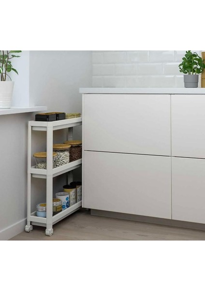 Vesken Tekerlekli Raf Ünitesi 3 Katlı Beyaz Banyo Rafı Mutfak Rafı Servis Sehpası Organizer