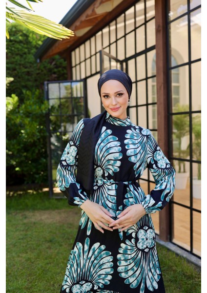 Kadın Rüzgar Gülü Reaktiv Baskı Hakim Yaka Uzun Kollu Tesettür Elbise Su Yeşili