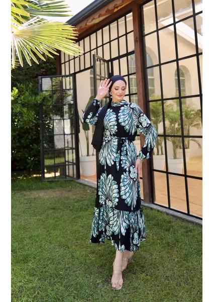 Kadın Rüzgar Gülü Reaktiv Baskı Hakim Yaka Uzun Kollu Tesettür Elbise Su Yeşili fiyatları