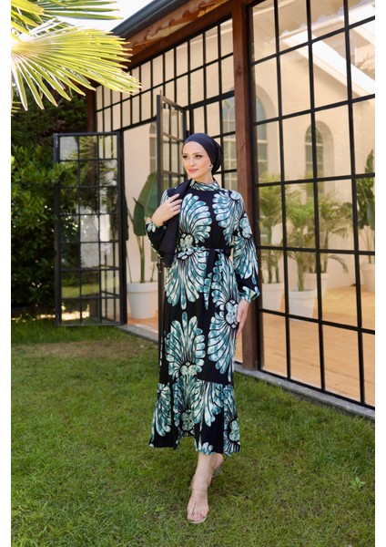 Kadın Rüzgar Gülü Reaktiv Baskı Hakim Yaka Uzun Kollu Tesettür Elbise Su Yeşili fırsatları