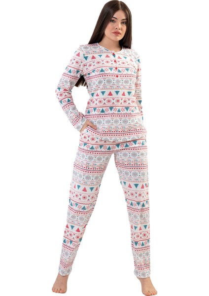 Kadın Bej Kırmızı Uzun Kollu Yarım Düğmeli Yuvarlak Yaka Oval Etek Pamuklu Pijama Takımı Tam Kalıp