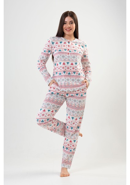 Kadın Bej Kırmızı Uzun Kollu Yarım Düğmeli Yuvarlak Yaka Oval Etek Pamuklu Pijama Takımı Tam Kalıp