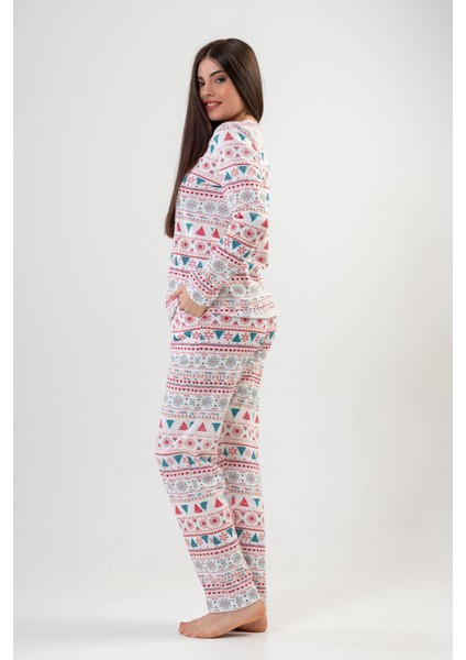 Kadın Bej Kırmızı Uzun Kollu Yarım Düğmeli Yuvarlak Yaka Oval Etek Pamuklu Pijama Takımı Tam Kalıp