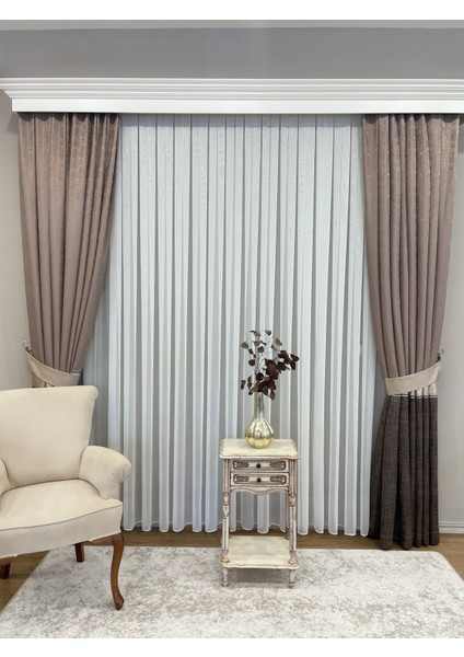 Ekru Renk Kendinden Çizgili 1/3 Sık Pile Tül Perde fırsatları