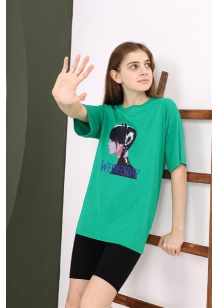 Kız Çocuk Wednesday Baskılı Yeşil Tshirt