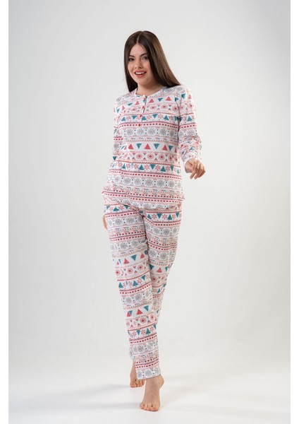 Kadın Bej Kırmızı Uzun Kollu Yarım Düğmeli Yuvarlak Yaka Oval Etek Pamuklu Pijama Takımı Tam Kalıp