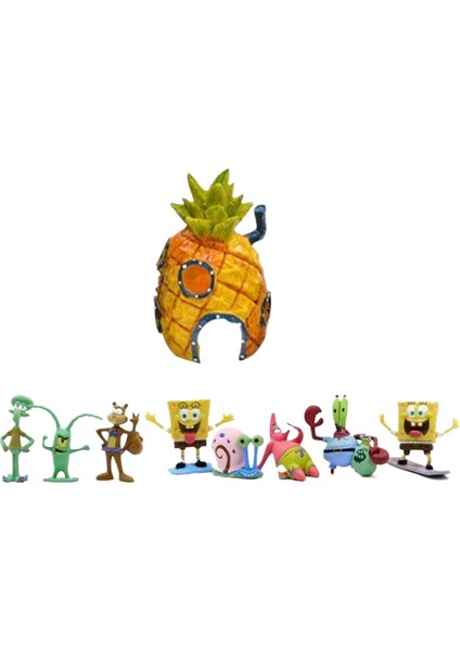 Akvaryum Peyzajı, Akvaryum Dekorasyonu, Spongebob Ananas Evi 9 Parçalı Set (Yurt Dışından)