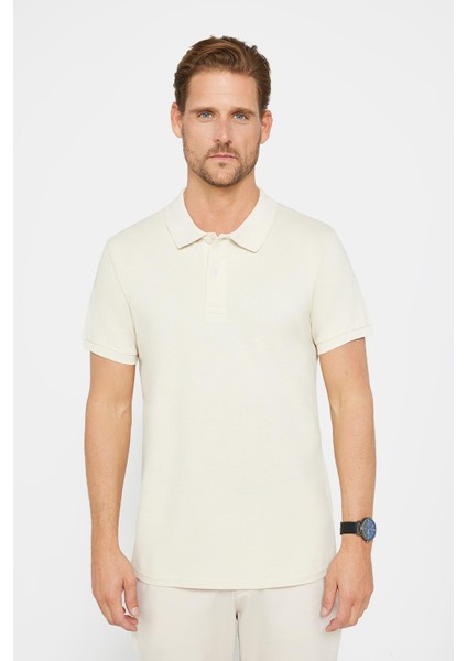 Erkek Slim Fit Dar Kesim Pamuklu Yumuşak Doku Nefes Alan Kumaş Kıvrılmaz Yaka Ekru Polo Yaka Tişört modelleri