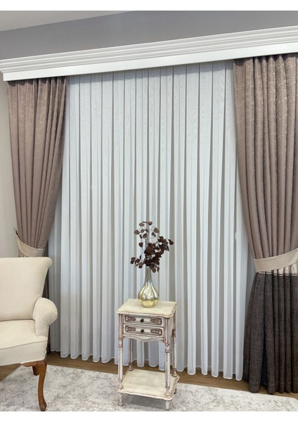 Ekru Renk Kendinden Çizgili 1/3 Sık Pile Tül Perde indirimleri