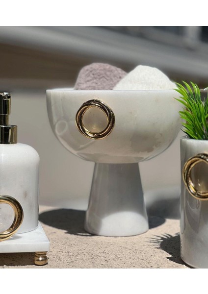 Olivya- Beyaz Mermer Banyo Seti - 7 Parça - Gold Detaylı- Mermer Kase-Havluluk modelleri