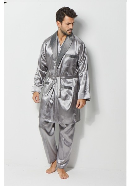 Erkek Ropdöşambır Ve Saten Pijama Takımı 4'Lü Set- Ropman