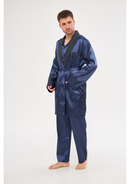 Erkek Ropdöşambır Ve Saten Pijama Takımı 4'Lü Set- Ropman