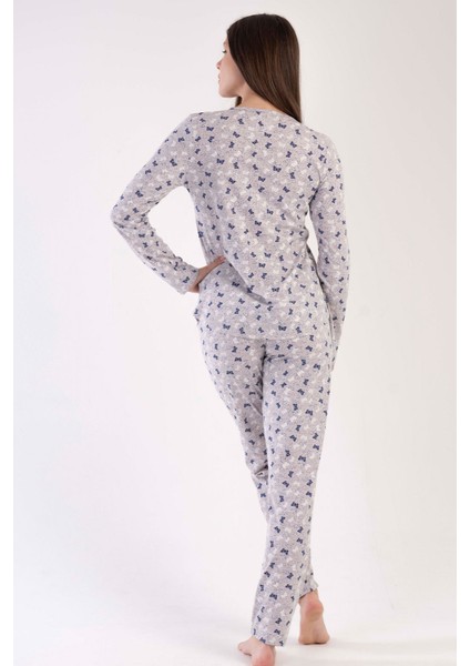 Kadın Bej Lacivert Uzun Kollu Yarım Düğmeli Yuvarlak Yaka Oval Etek Pamuklu Pijama Takımı Tam Kalıp fiyatları