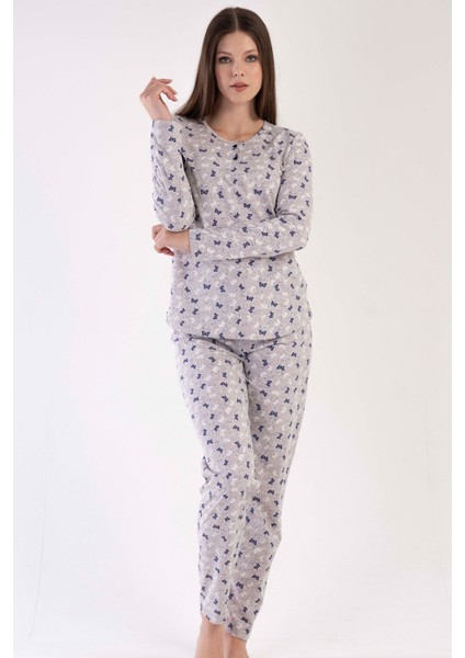 Kadın Bej Lacivert Uzun Kollu Yarım Düğmeli Yuvarlak Yaka Oval Etek Pamuklu Pijama Takımı Tam Kalıp modelleri