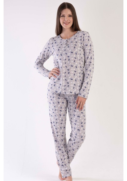 Kadın Bej Lacivert Uzun Kollu Yarım Düğmeli Yuvarlak Yaka Oval Etek Pamuklu Pijama Takımı Tam Kalıp fırsatları