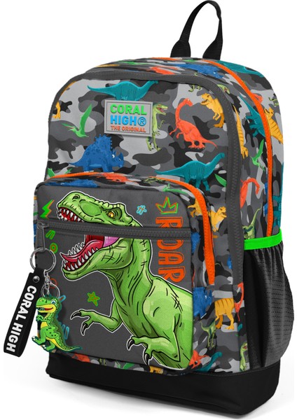 Kids Siyah Gri Dinozor Desenli Dört Bölmeli Okul Sırt Çantası 23744