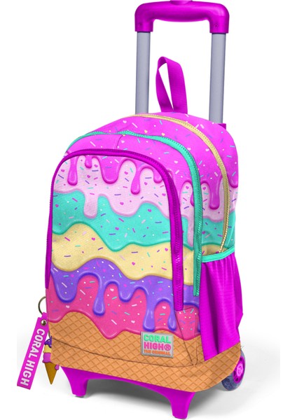 Kids Pembe Rengarenk Dondurma Desenli Üç Bölmeli Çekçekli Okul Sırt Çantası 23931