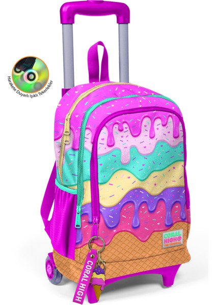 Kids Pembe Rengarenk Dondurma Desenli Üç Bölmeli Çekçekli Okul Sırt Çantası 23931
