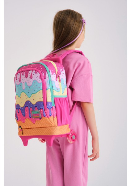 Kids Pembe Rengarenk Dondurma Desenli Üç Bölmeli Çekçekli Okul Sırt Çantası 23931