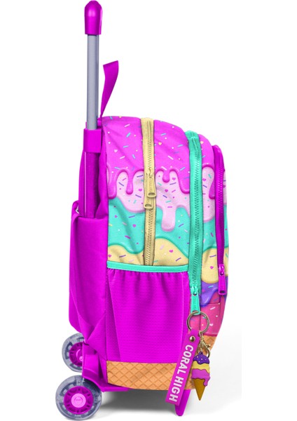 Kids Pembe Rengarenk Dondurma Desenli Üç Bölmeli Çekçekli Okul Sırt Çantası 23931