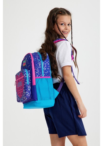 Kids Mor Mavi Pembe Kalp Desenli Dört Bölmeli Okul Sırt Çantası 23740