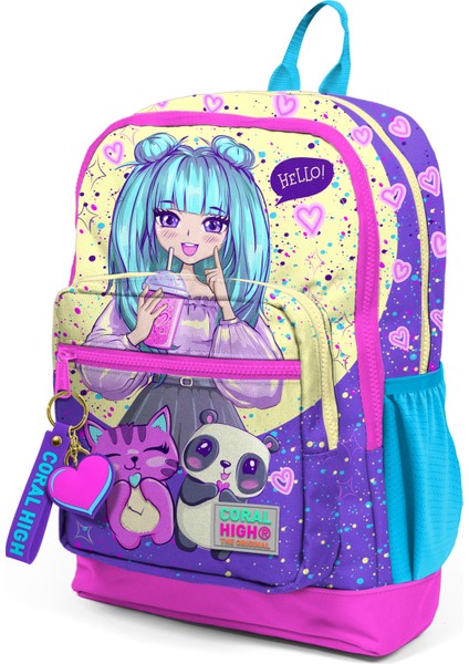 Kids Mor Pembe Anime Kız Desenli Dört Bölmeli Okul Sırt Çantası 23735