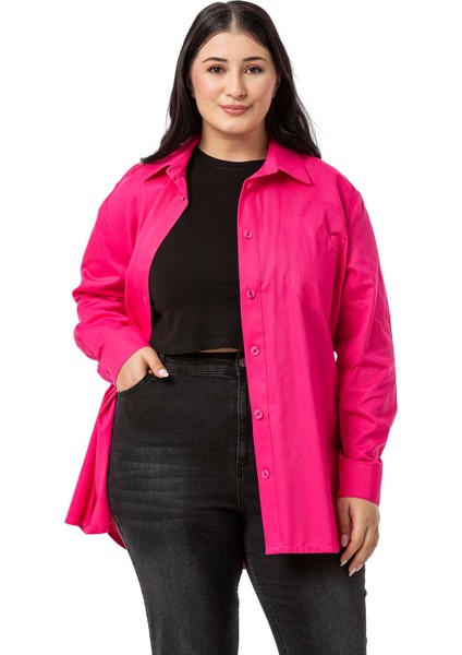 Büyük Beden Cep Detaylı Gabardin Fuşya Ceket Gömlek