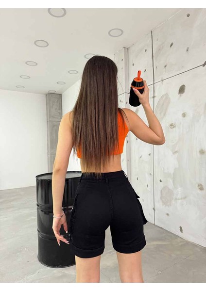 Siyah Kargo Cepli Yüksek Bel Esnek Denim Şort modelleri