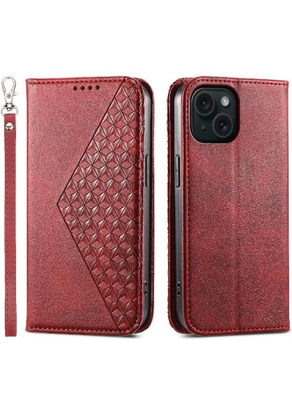 IPhone 15 Için Flip Case Standı Eşkenar Dörtgen Şekli Cüzdan El Kayışı Günlük Kullanım (Yurt Dışından)