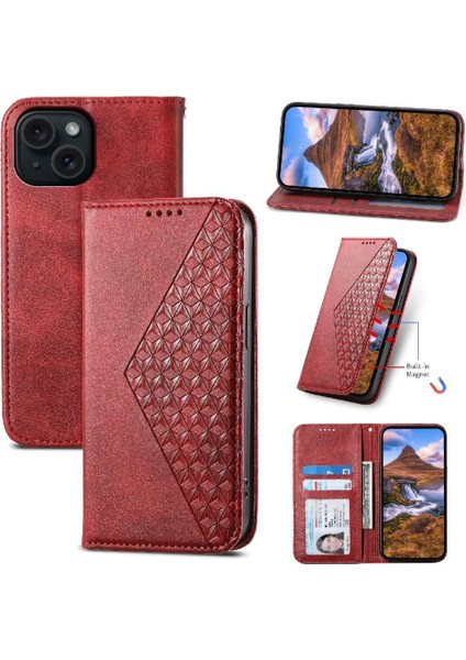 IPhone 15 Için Flip Case Standı Eşkenar Dörtgen Şekli Cüzdan El Kayışı Günlük Kullanım (Yurt Dışından) indirimleri