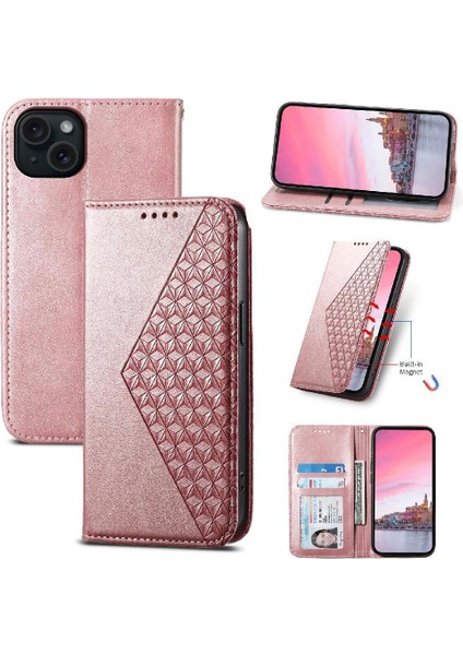 IPhone 15 Için Flip Case Artı El Kayışı Eşkenar Dörtgen Şekli Standı Cüzdan Günlük (Yurt Dışından) indirimleri