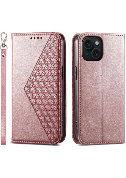 IPhone 15 Için Flip Case Standı Eşkenar Dörtgen Şekli Cüzdan El Kayışı Günlük Kullanım (Yurt Dışından)