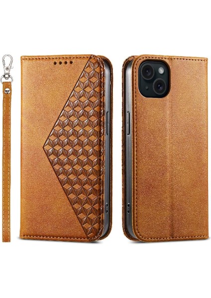 IPhone 15 Için Flip Case Artı El Kayışı Eşkenar Dörtgen Şekli Standı Cüzdan Günlük (Yurt Dışından)