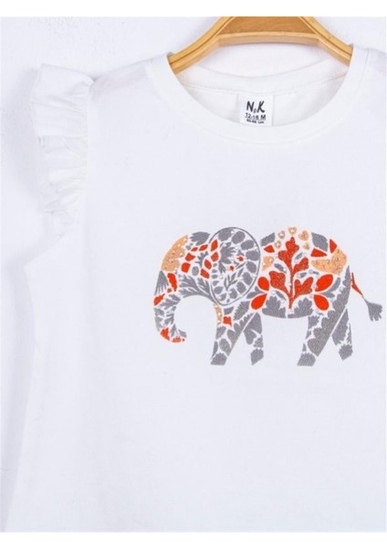 Kız Bebek Pamuklu Taşlı Fil Baskılı Tshirt
