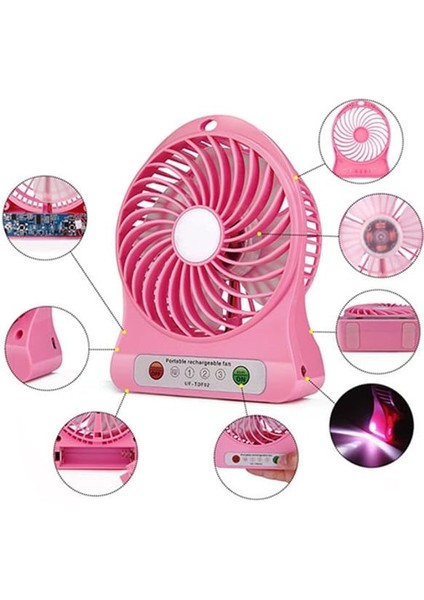 USB Şarjlı Masaüstü Fan 3 Kademeli Mini Şarjlı Fan Mobil Soğutucu Pembe