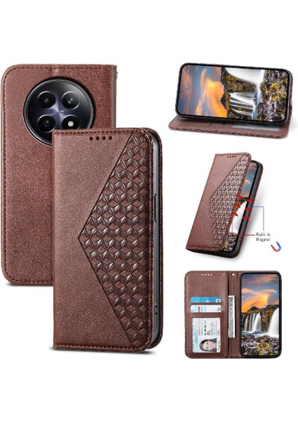 Realme 12 5g El Kayışı Standı Için Flip Case Günlük Kullanım Eşkenar Dörtgen Şekli Cüzdan (Yurt Dışından)