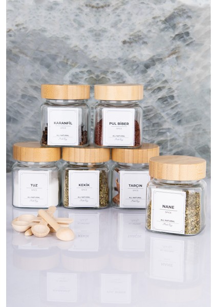 Etiketli Bambu Kapaklı 300 ml 6 Adet Kavanoz ve 6 Adet Mini Baharat Kaşığı - 12 Parça Baharat Seti