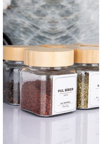 Etiketli Bambu Kapaklı 300 ml 6 Adet Kavanoz ve 6 Adet Mini Baharat Kaşığı - 12 Parça Baharat Seti fiyatları