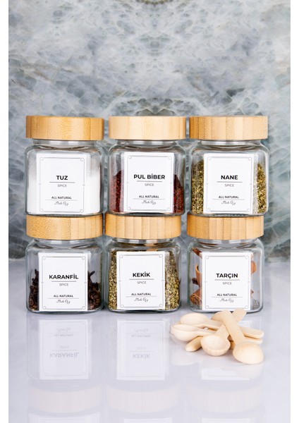 Etiketli Bambu Kapaklı 300 ml 6 Adet Kavanoz ve 6 Adet Mini Baharat Kaşığı - 12 Parça Baharat Seti modelleri