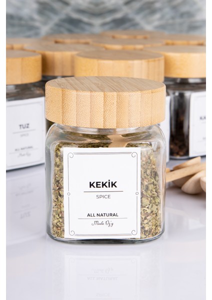 Etiketli Bambu Kapaklı 300 ml 6 Adet Kavanoz ve 6 Adet Mini Baharat Kaşığı - 12 Parça Baharat Seti fırsatları