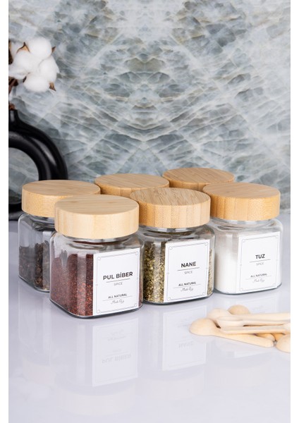 Etiketli Bambu Kapaklı 300 ml 6 Adet Kavanoz ve 6 Adet Mini Baharat Kaşığı - 12 Parça Baharat Seti indirimleri